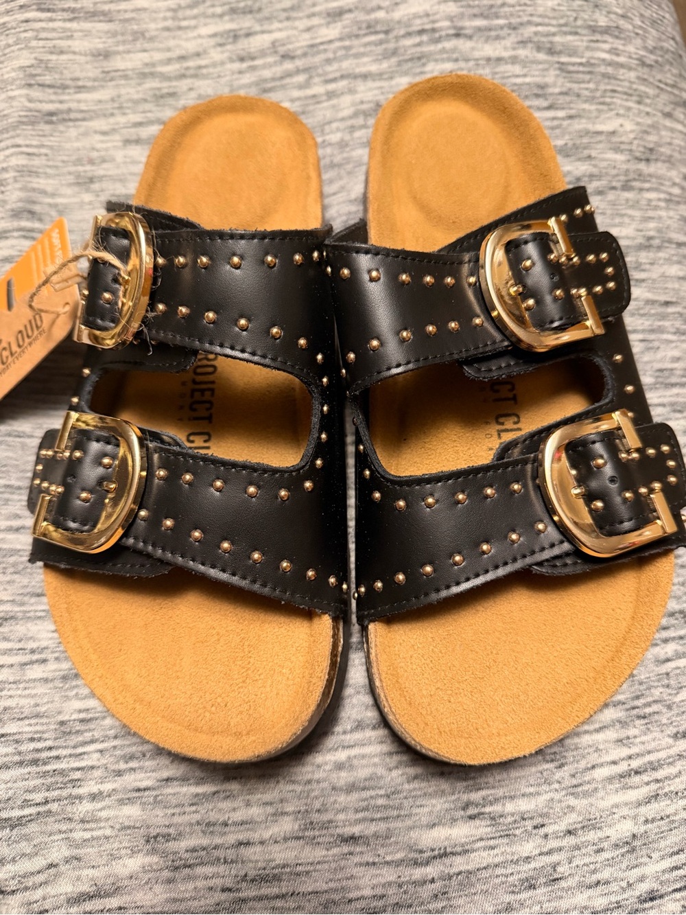 Black Studded Project Cloud Sandals with Gold Buckles